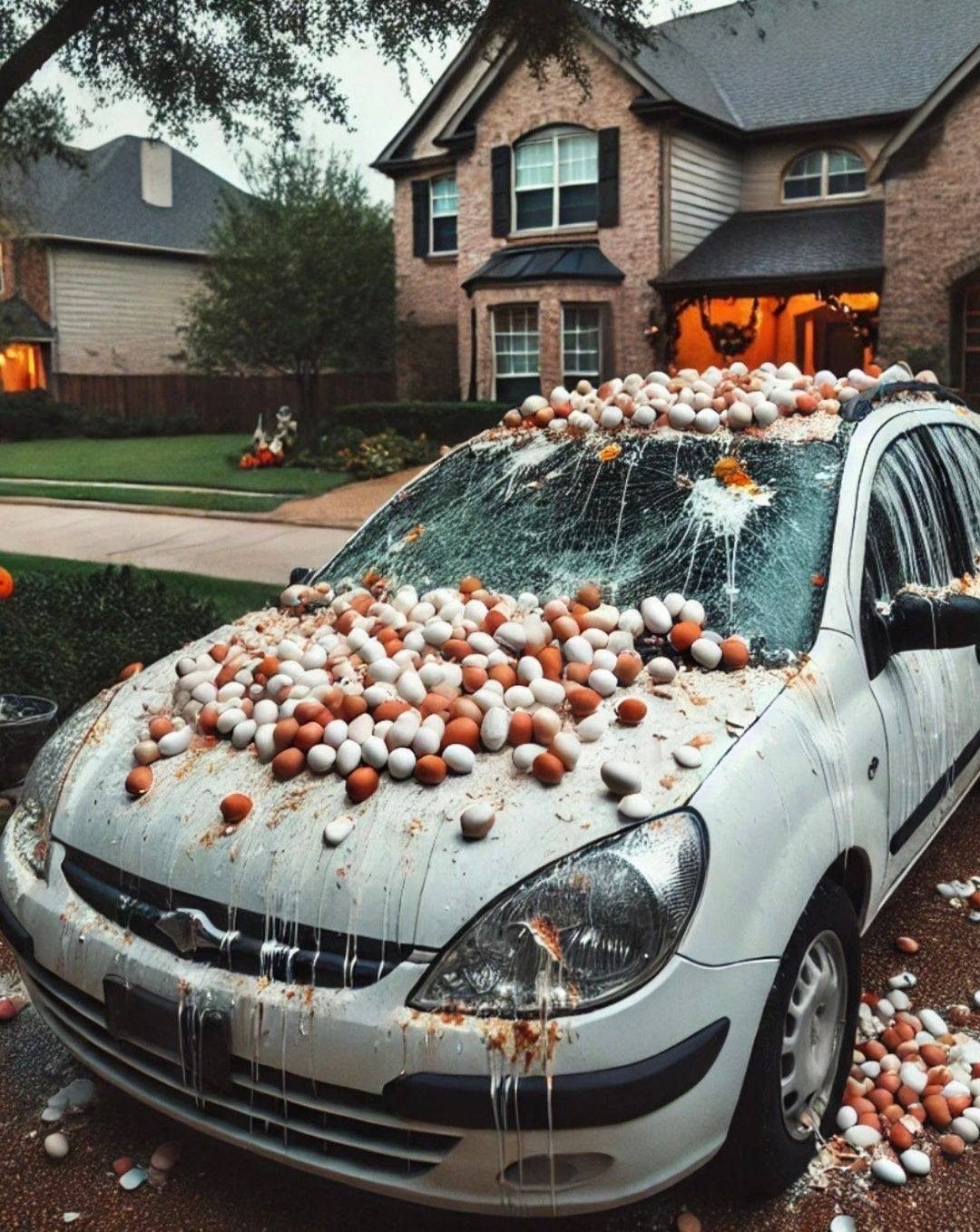 My neighbor pelted my car with eggs because he claimed it obstructed the view of his Halloween decorations”@